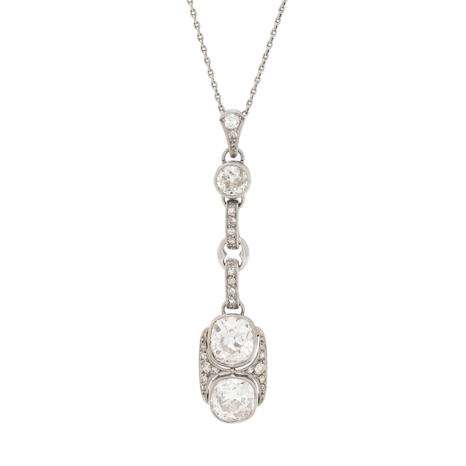 Antique, Twin Diamond and Platinum Pendant Necklace