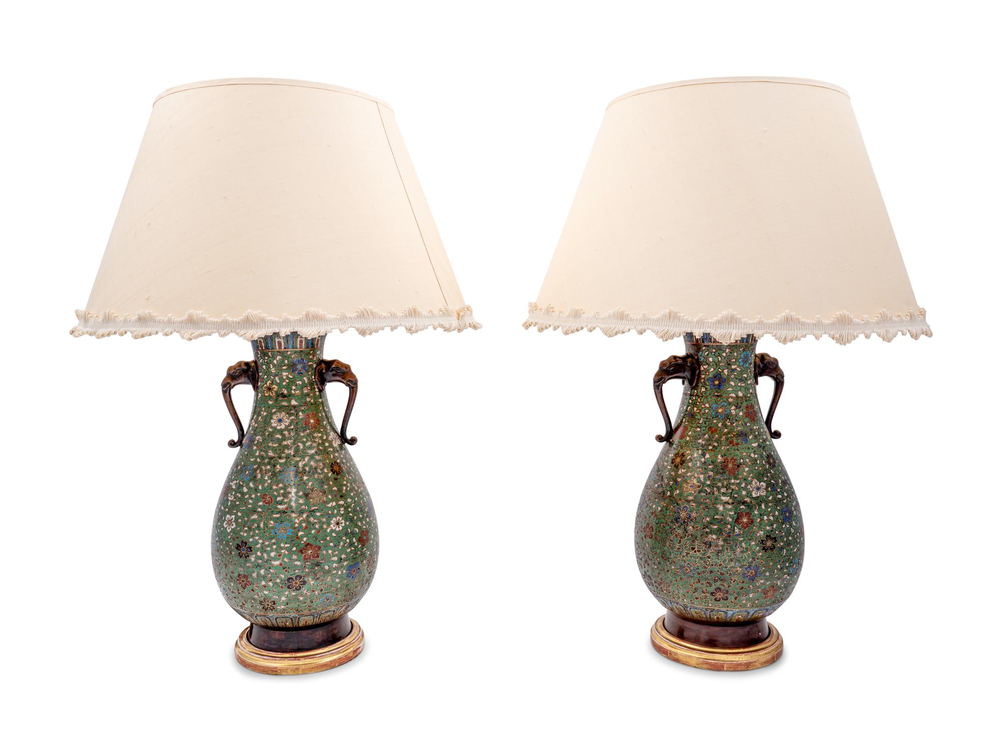 A Pair of Japanese Cloisonné Vases Mounted as Lamps