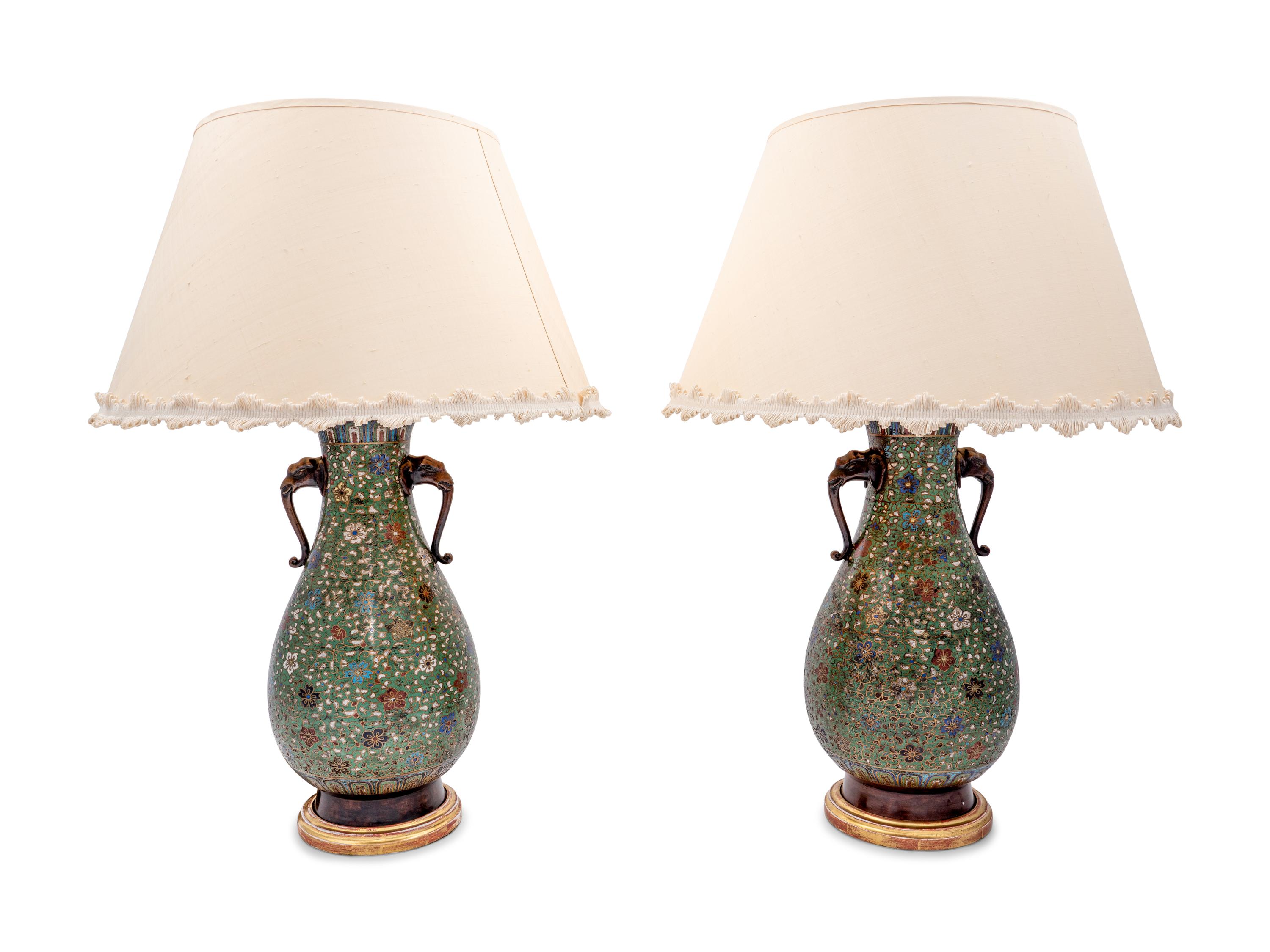 A Pair of Japanese Cloisonné Vases Mounted as Lamps