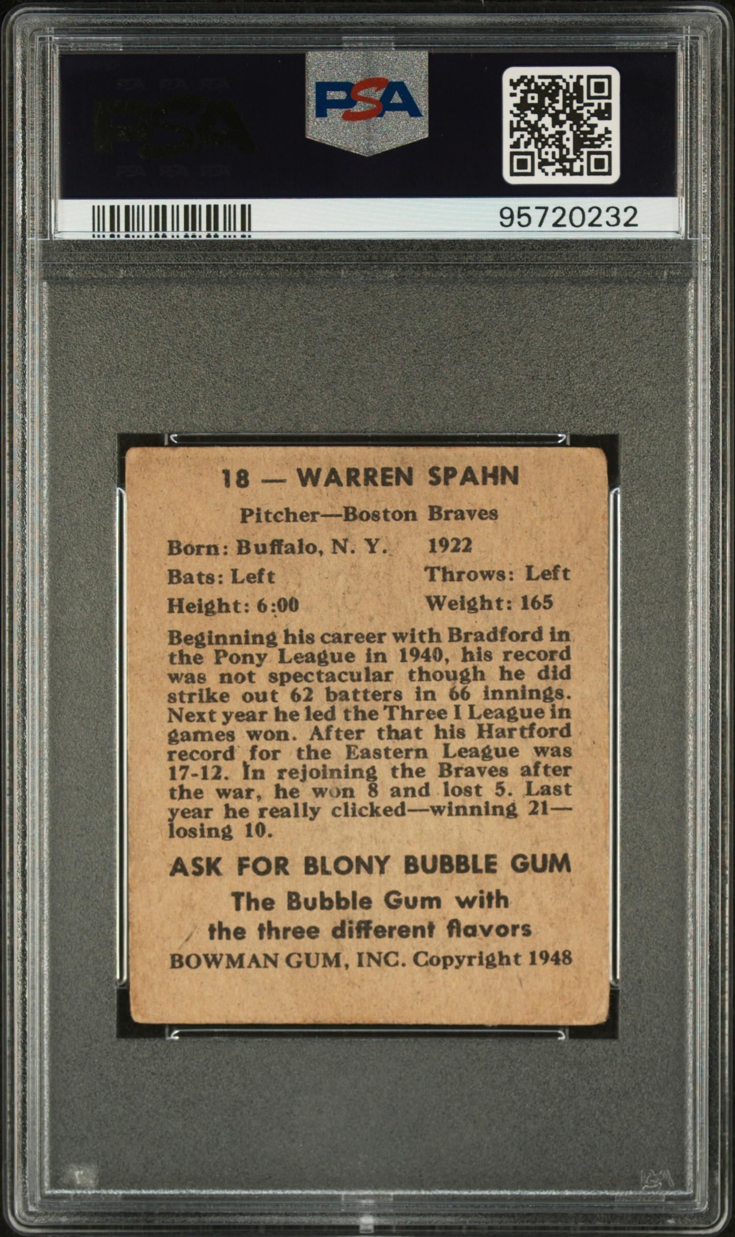 A 1948 Bowman Warren Spahn Rookie Baseball Card No. 18 (PSA 2 GOOD)