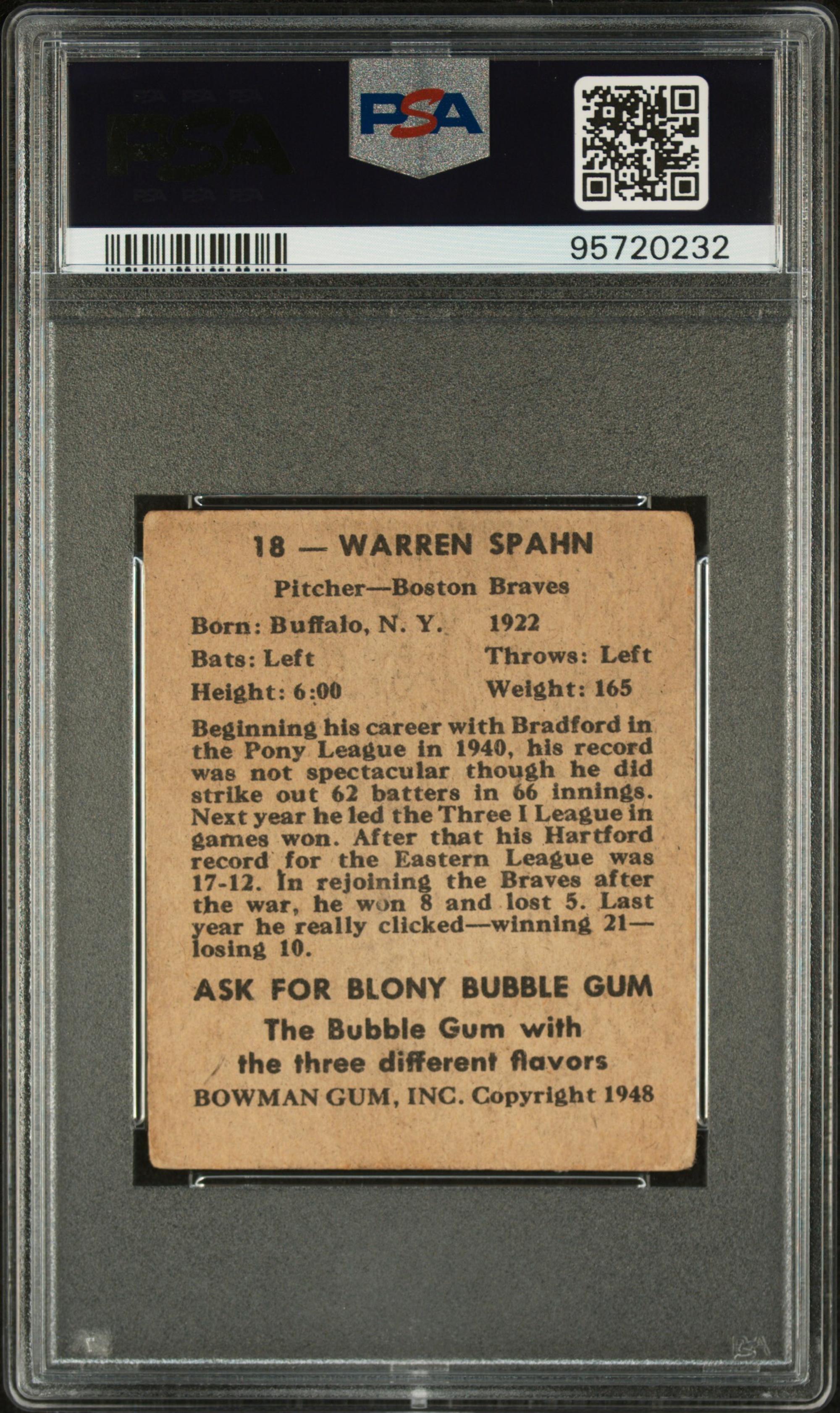 A 1948 Bowman Warren Spahn Rookie Baseball Card No. 18 (PSA 2 GOOD)