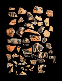 52 Attic, Laconian, Corinthian, and Etruscan Red and Black-Figured Vase Fragments