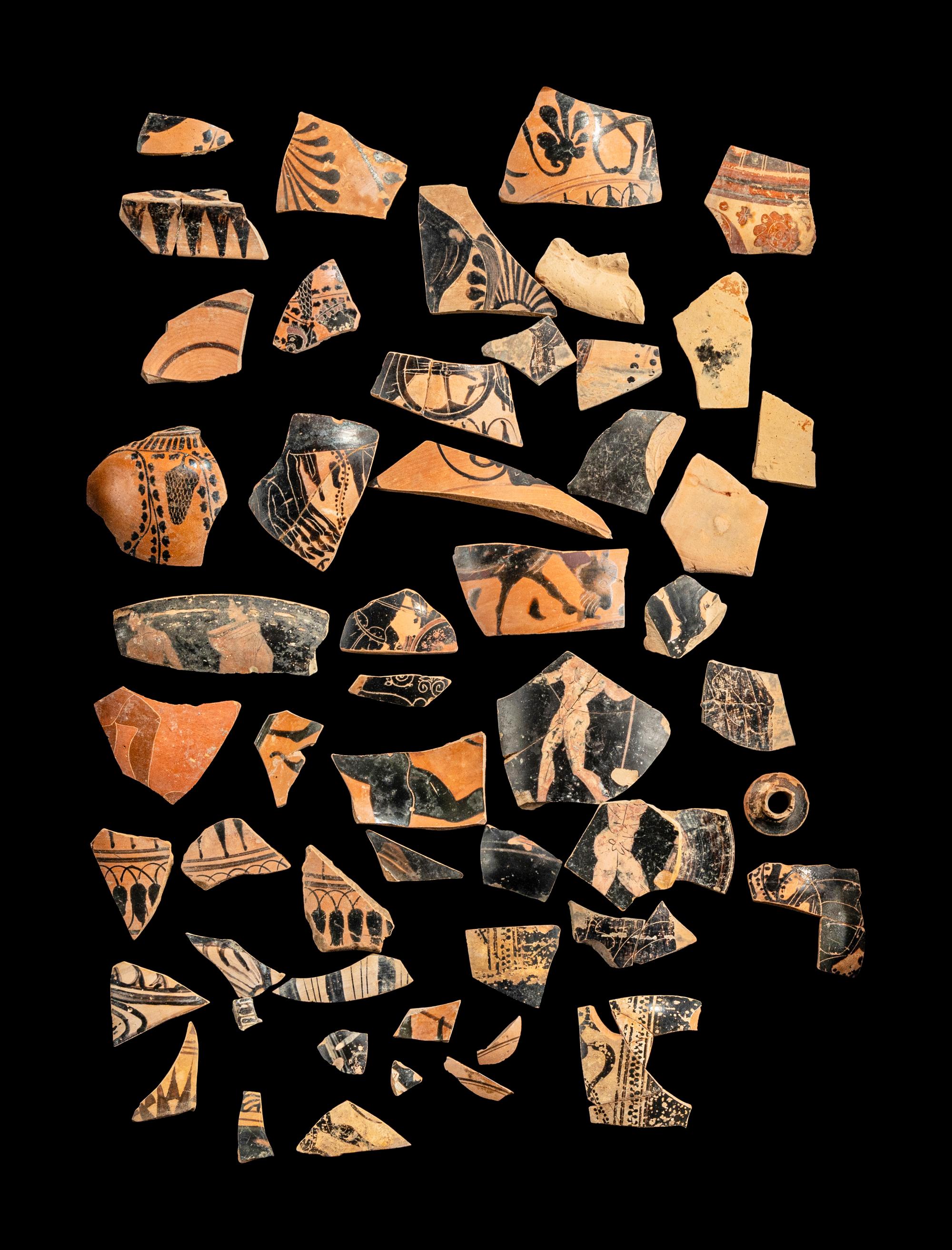52 Attic, Laconian, Corinthian, and Etruscan Red and Black-Figured Vase Fragments