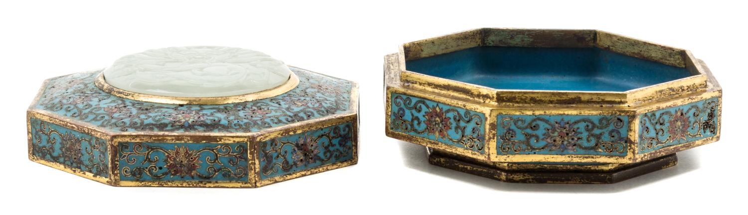 A Jade Inset Cloisonne Enamel Box and Cover Height 2 1/2 x width 4 3/4 inches.