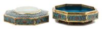 A Jade Inset Cloisonne Enamel Box and Cover Height 2 1/2 x width 4 3/4 inches.