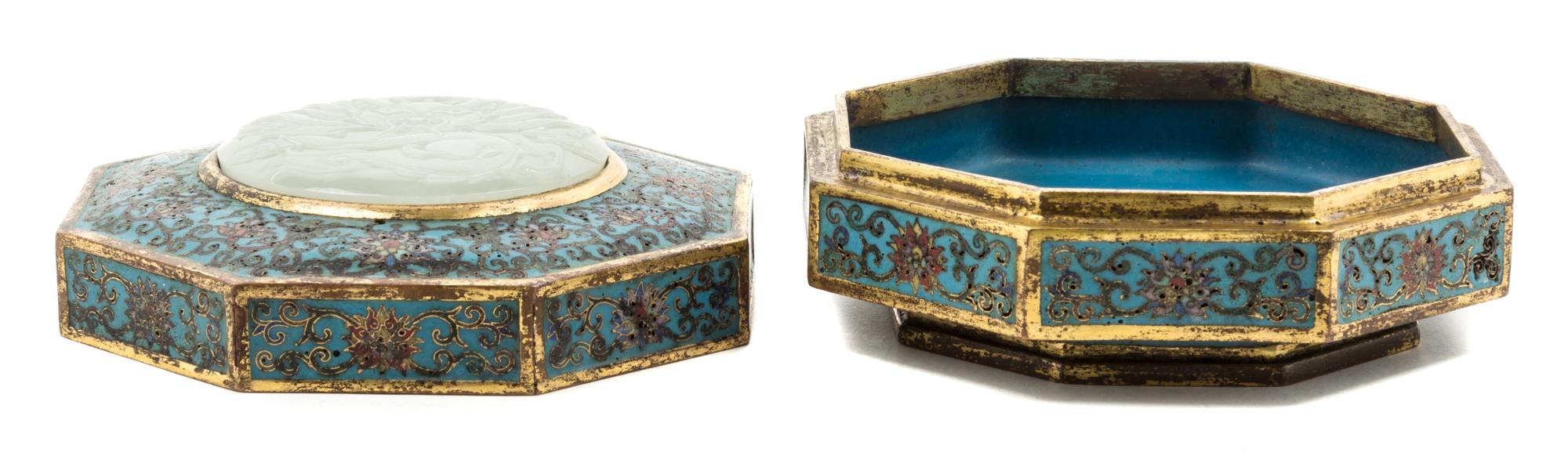 A Jade Inset Cloisonne Enamel Box and Cover Height 2 1/2 x width 4 3/4 inches.