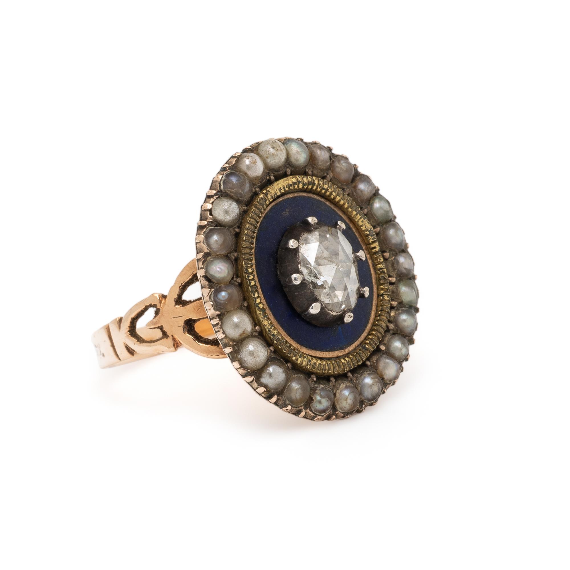 VICTORIAN, DIAMOND, SEED PEARL, AND ENAMEL RING