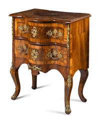 A Pair of Continental Gilt Metal Mounted Burlwood Commodes