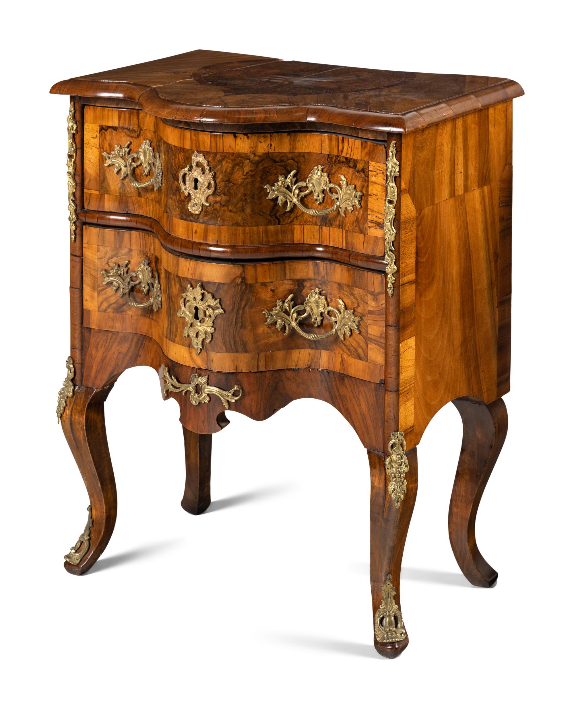 A Pair of Continental Gilt Metal Mounted Burlwood Commodes