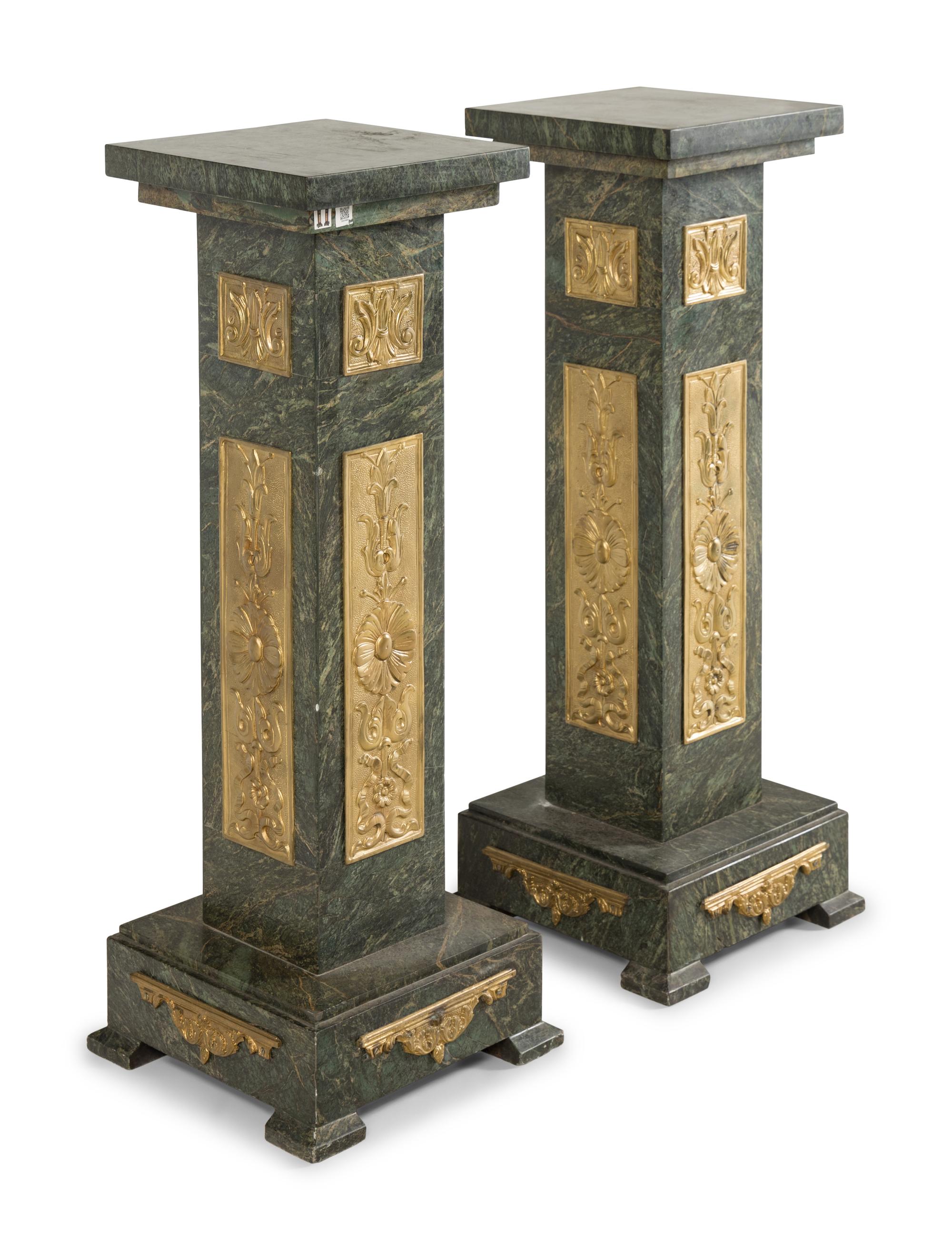 A Pair of Louis XVI Style Gilt Bronze Mounted Marble Pedestals
