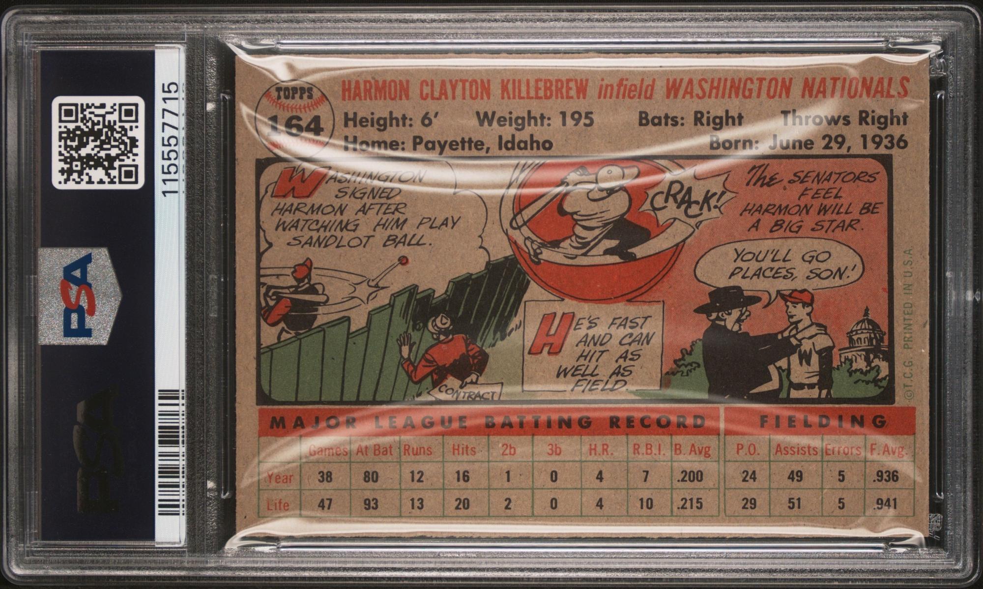 A 1956 Topps Harmon Killebrew Baseball Card No. 164 (PSA 7 NM) from The Collection of David Eisenhower