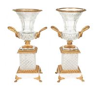 A Pair of Empire Style Gilt Bronze Mounted Cut Glass Urns