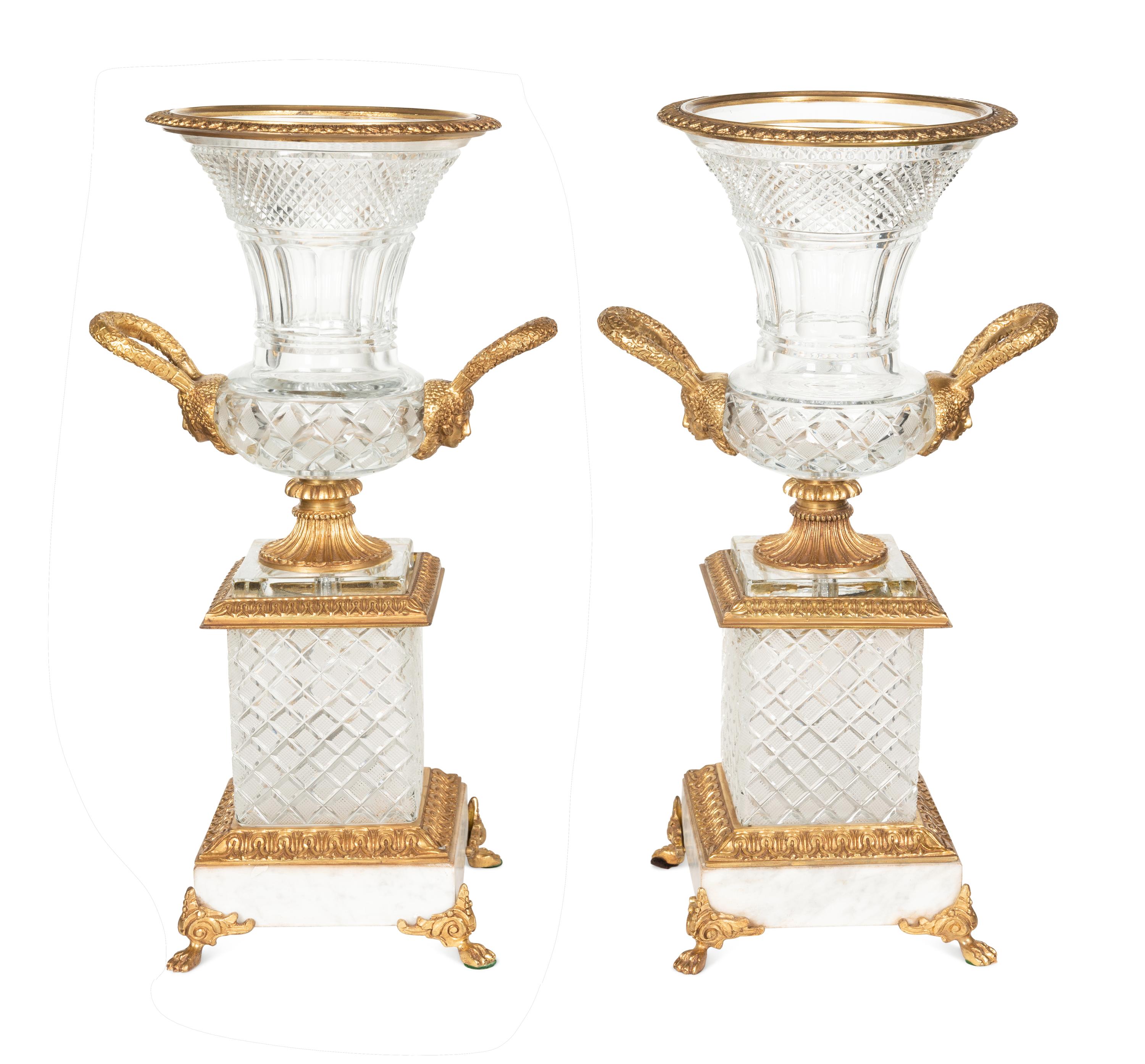 A Pair of Empire Style Gilt Bronze Mounted Cut Glass Urns