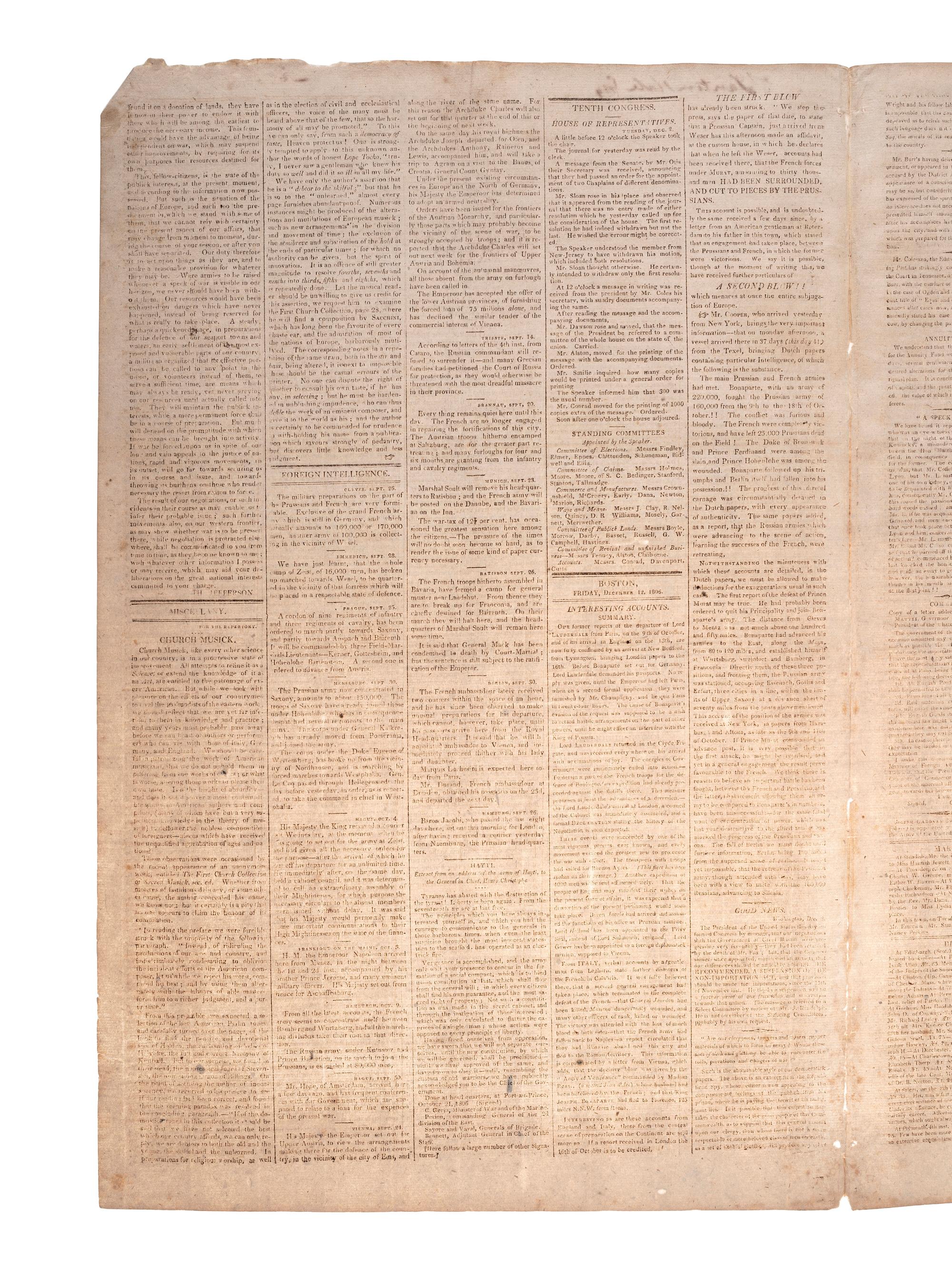 [POLITICS - JEFFERSON, Thomas (1743-1826)]. The Repertory. Boston, 12 December 1806.