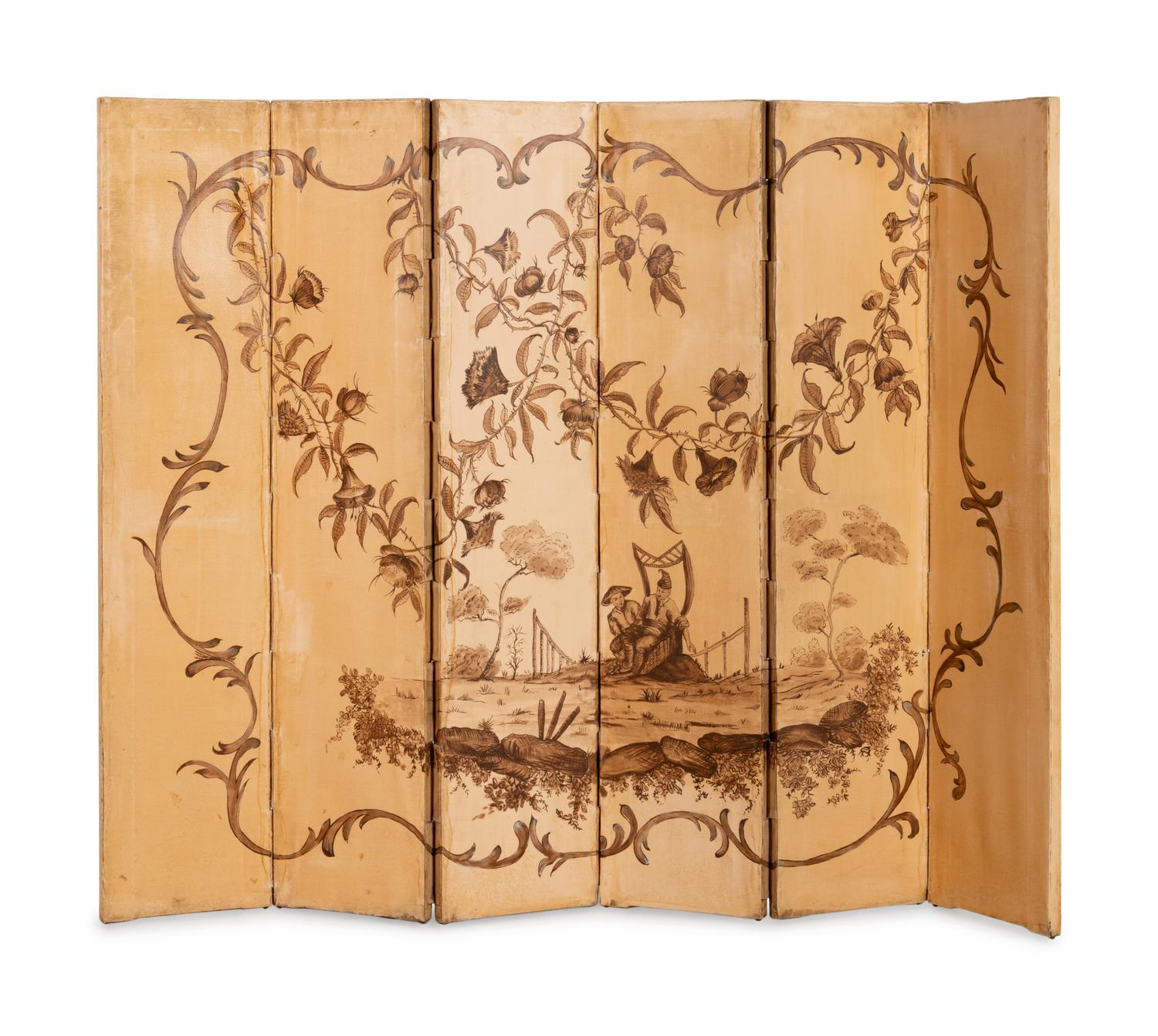 A Painted Canvas Six-Panel Screen in the Style of Jean-Baptiste Pillement (French, 1728-1808)