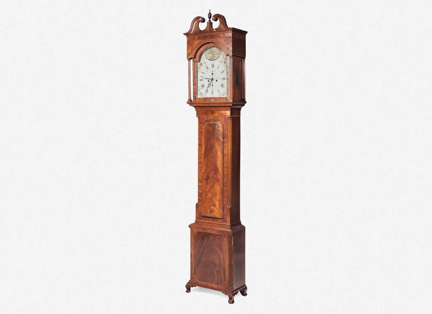 A Federal inlaid mahogany tall case clock, Robert Shearman (active 1799-1804), Philadelphia, PA, circa 1800