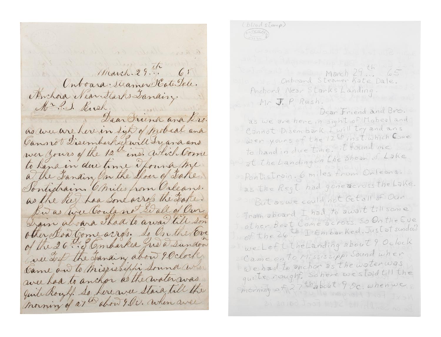 [CIVIL WAR - NAVY]. A group of 2 letters with Mobile Bay interest, including the Battle of Spanish Fort, comprising: