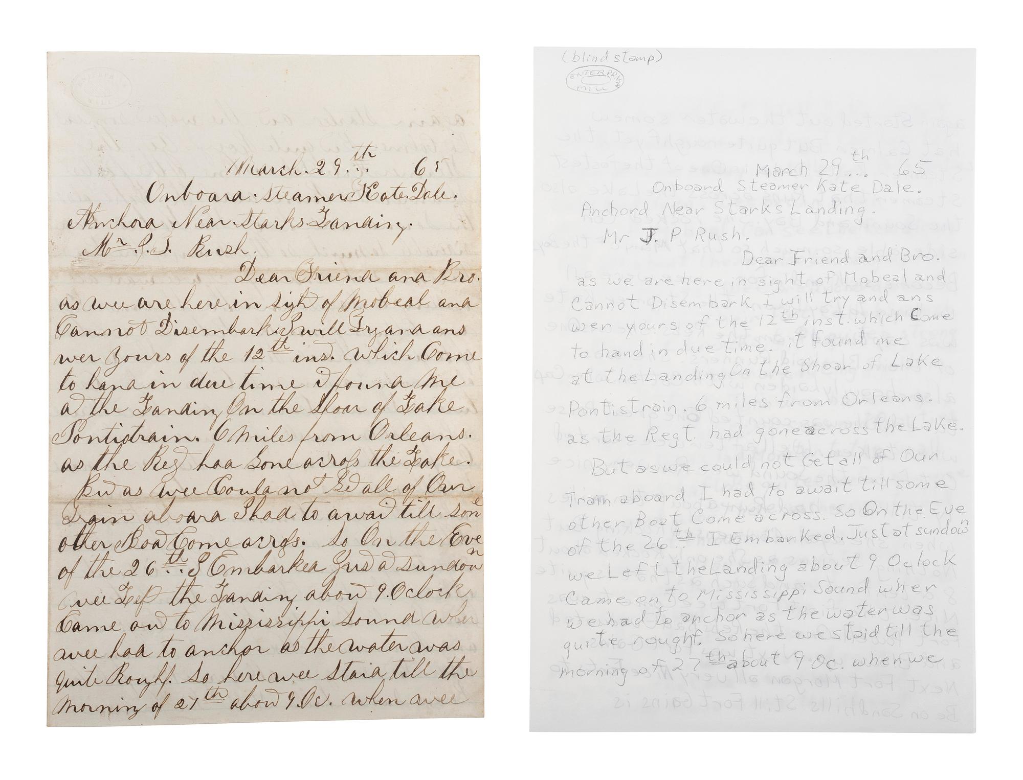 [CIVIL WAR - NAVY]. A group of 2 letters with Mobile Bay interest, including the Battle of Spanish Fort, comprising: