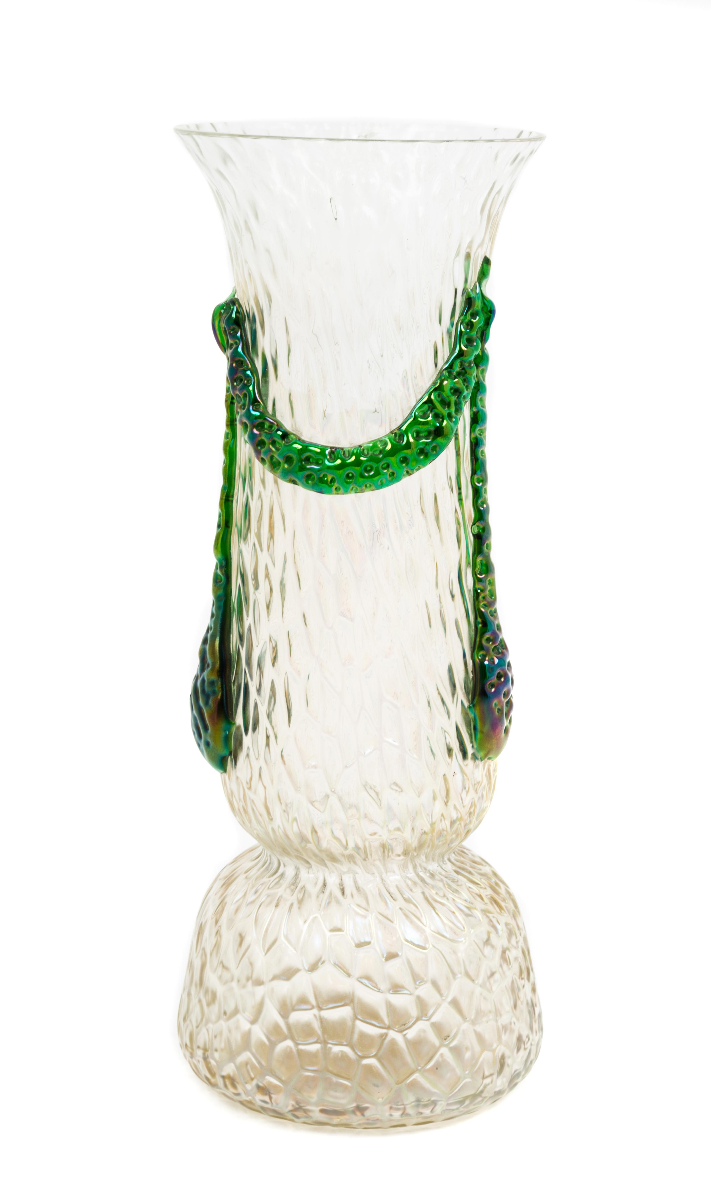 An Austrian Applied Glass Vase, likely Kralik Height 10 1/4 inches