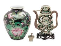 Two Chinese Black Ground Famille Rose Porcelain Articles