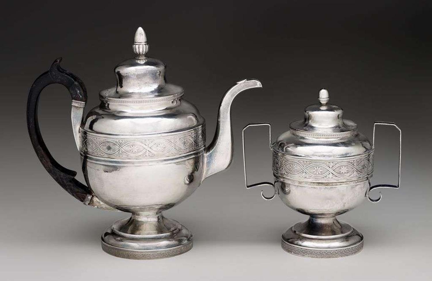 Silver coffee pot and matching covered sugar bowl chaudron and rasch, early 19th century