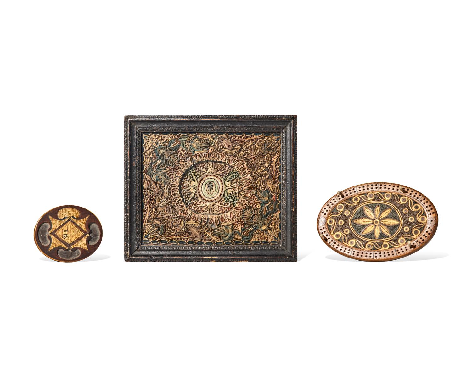 A Framed Quill Work Picture and a Quill Work and Inlaid Wood Cribbage Board, England, 18th Century
