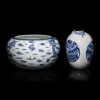 Two Chinese Blue and White Porcelain Globular Brush Washers, 20th Century — 近代 青花龍鳳紋水盂兩件