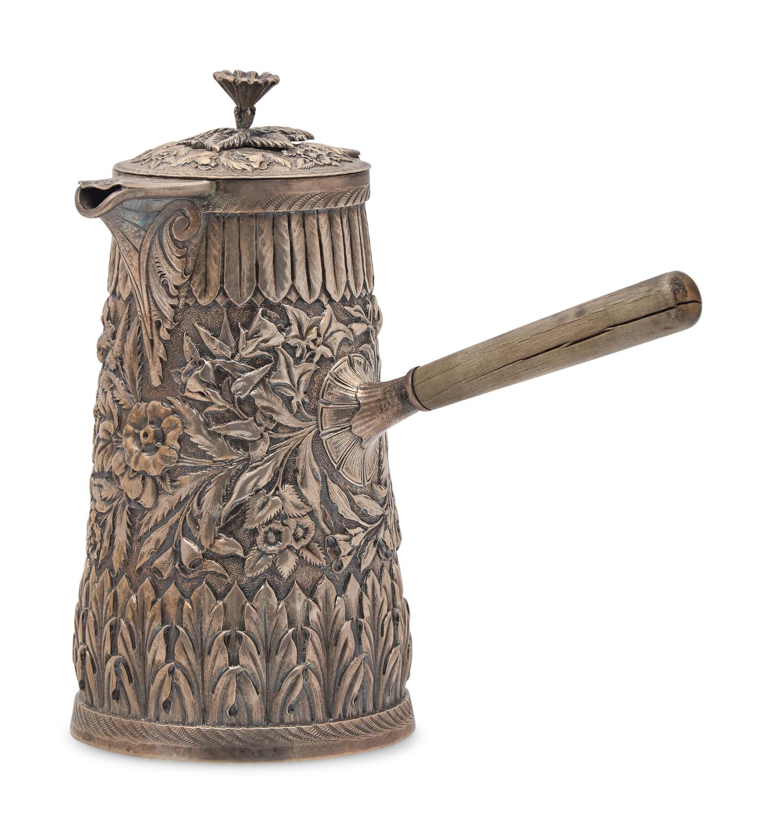 A Sterling Silver Floral Repousse Chocolate Pot, J.E. Caldwell & Co., Philadelphia, PA, Late 19th Century