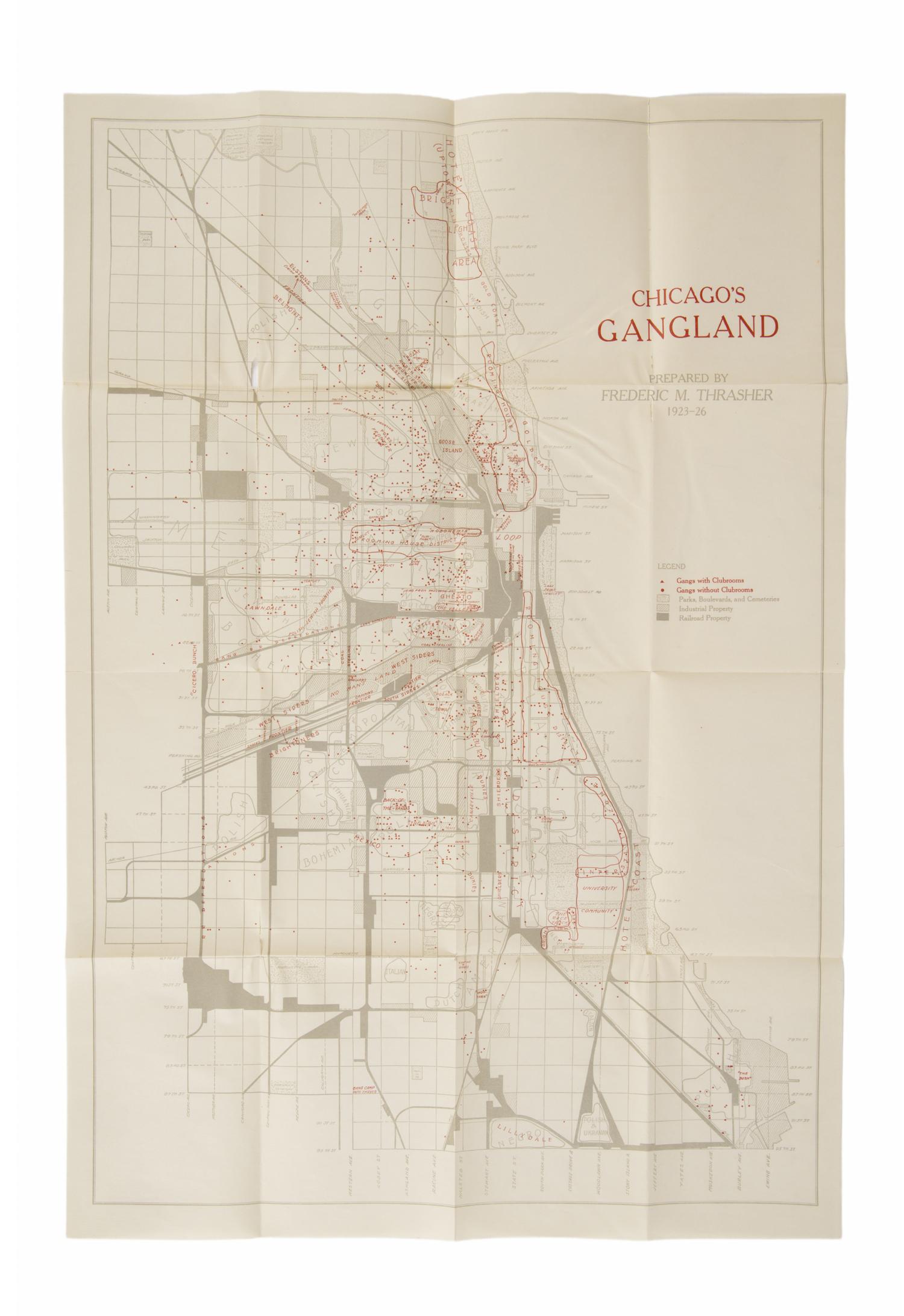 [Map]. Thrasher, Frederic M. (1892-1962). Chicago’s Gangland…1923-26 . Chicago: The University of Chicago Press, 1927.