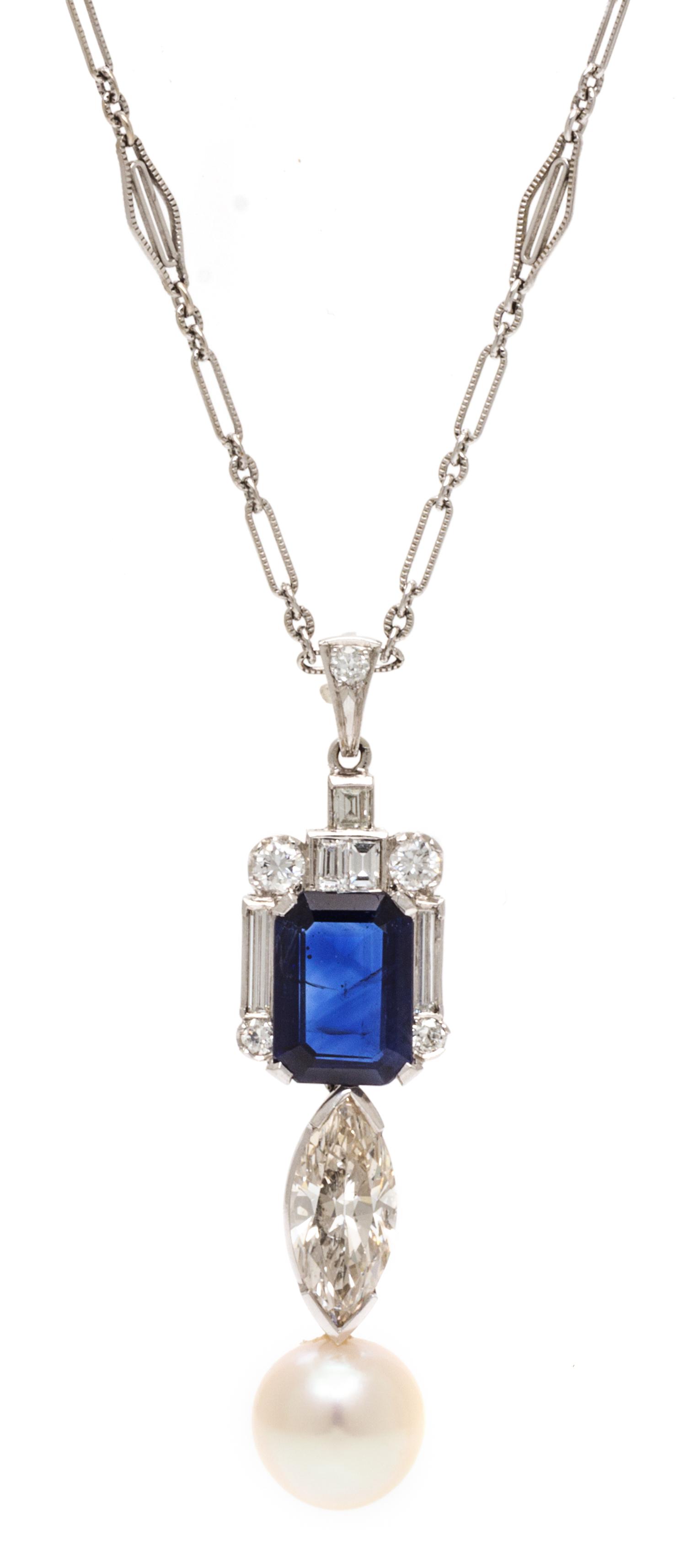 A Platinum, Diamond, Sapphire and Cultured Pearl Pendant, 6.10 dwts.