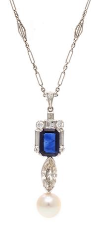 A Platinum, Diamond, Sapphire and Cultured Pearl Pendant, 6.10 dwts.