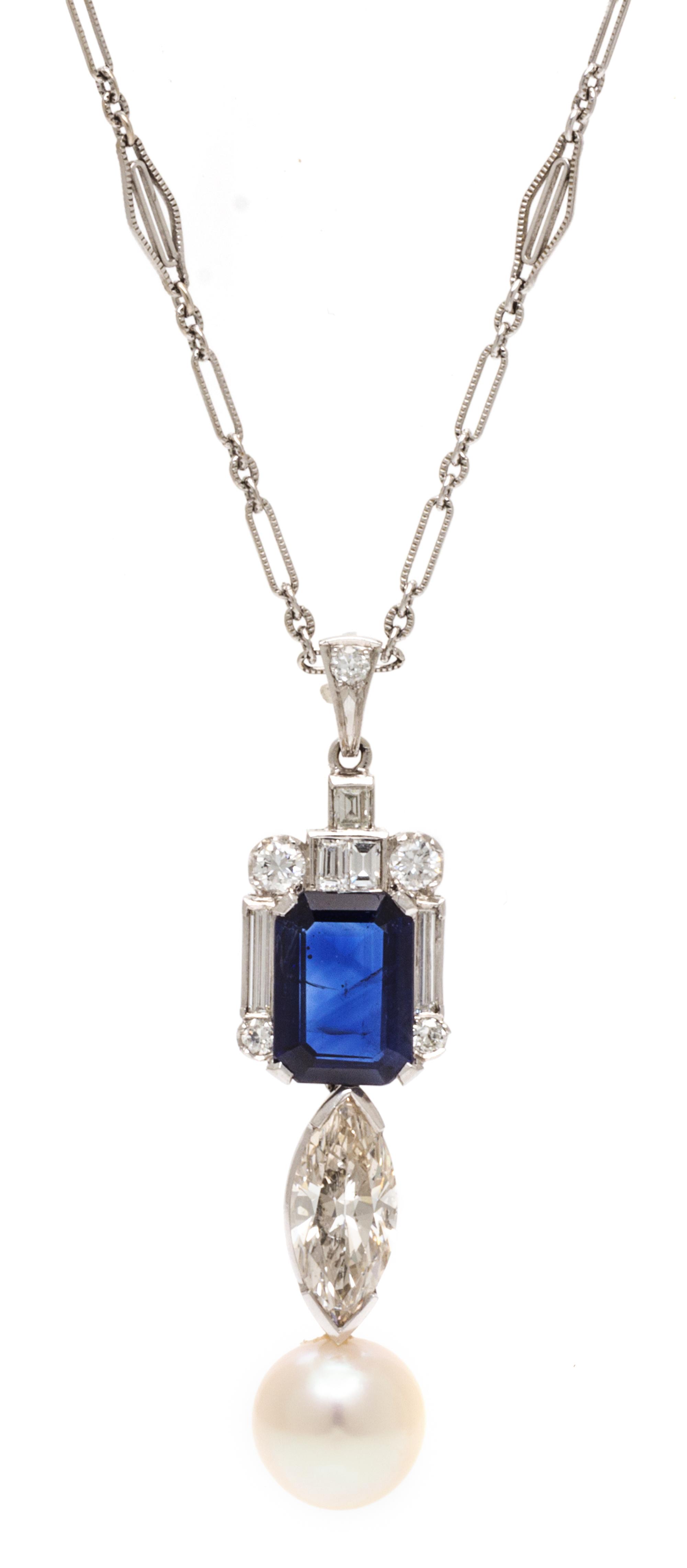 A Platinum, Diamond, Sapphire and Cultured Pearl Pendant, 6.10 dwts.