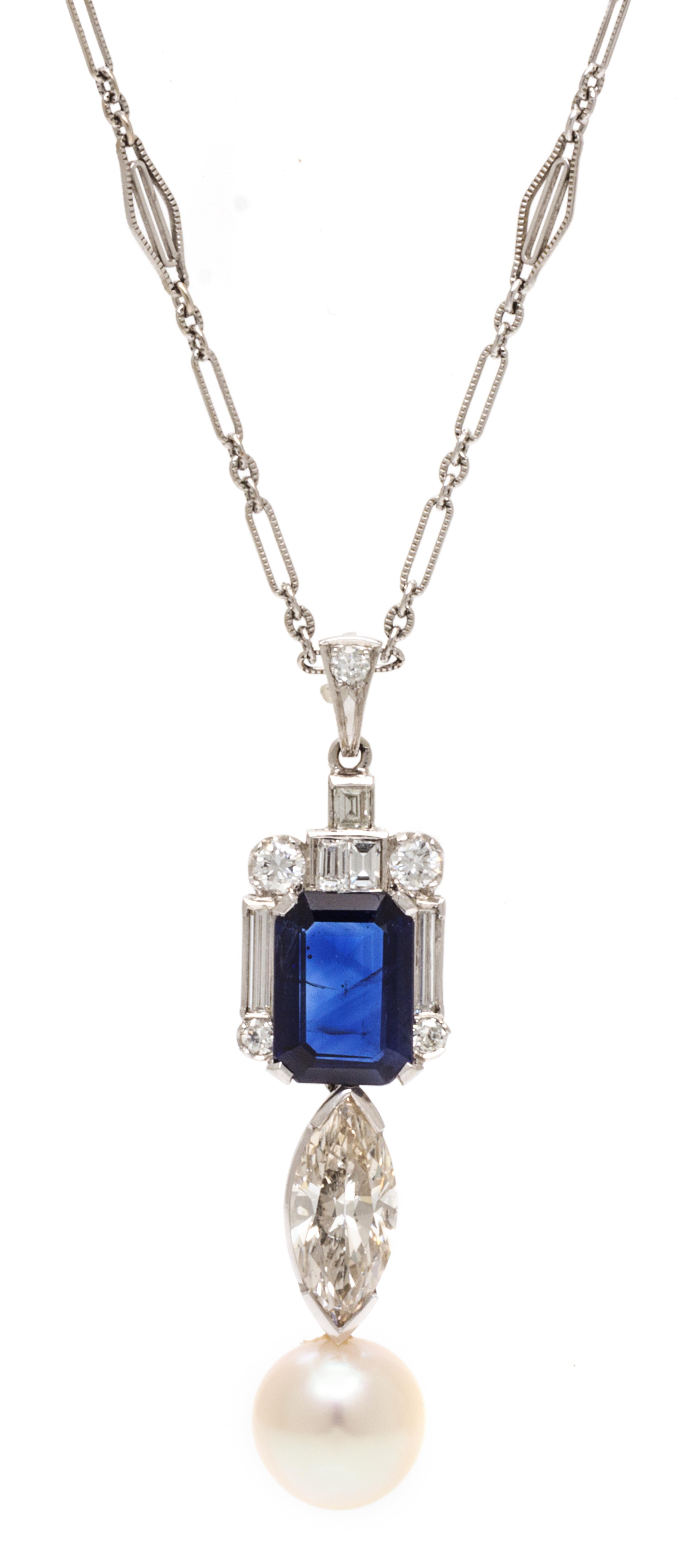 A Platinum, Diamond, Sapphire and Cultured Pearl Pendant, 6.10 dwts.