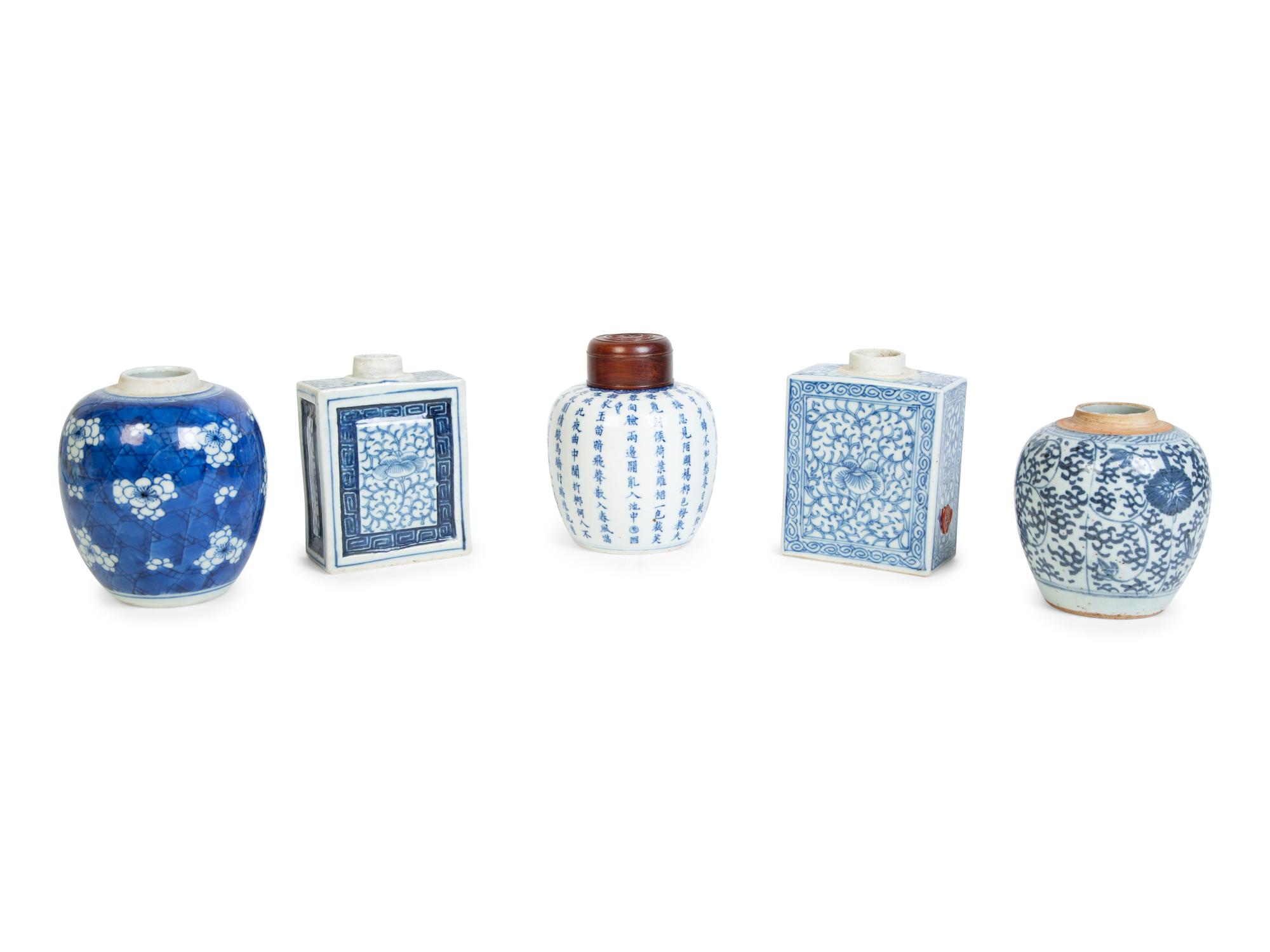 Three Chinese Blue and White Porcelain Ginger Jars and Two Tea Caddies — 19TH/20TH CENTURY