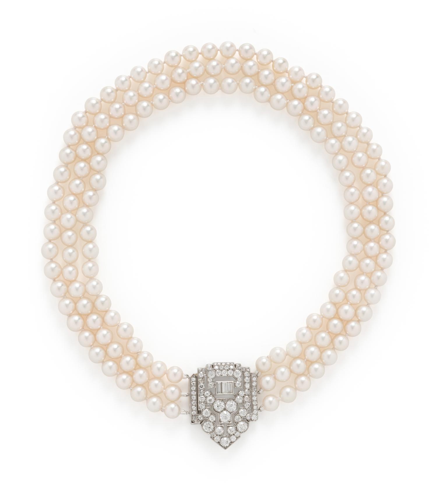 ART DECO, TRIPLE STRAND CULTURED PEARL AND DIAMOND NECKLACE