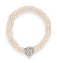 ART DECO, TRIPLE STRAND CULTURED PEARL AND DIAMOND NECKLACE