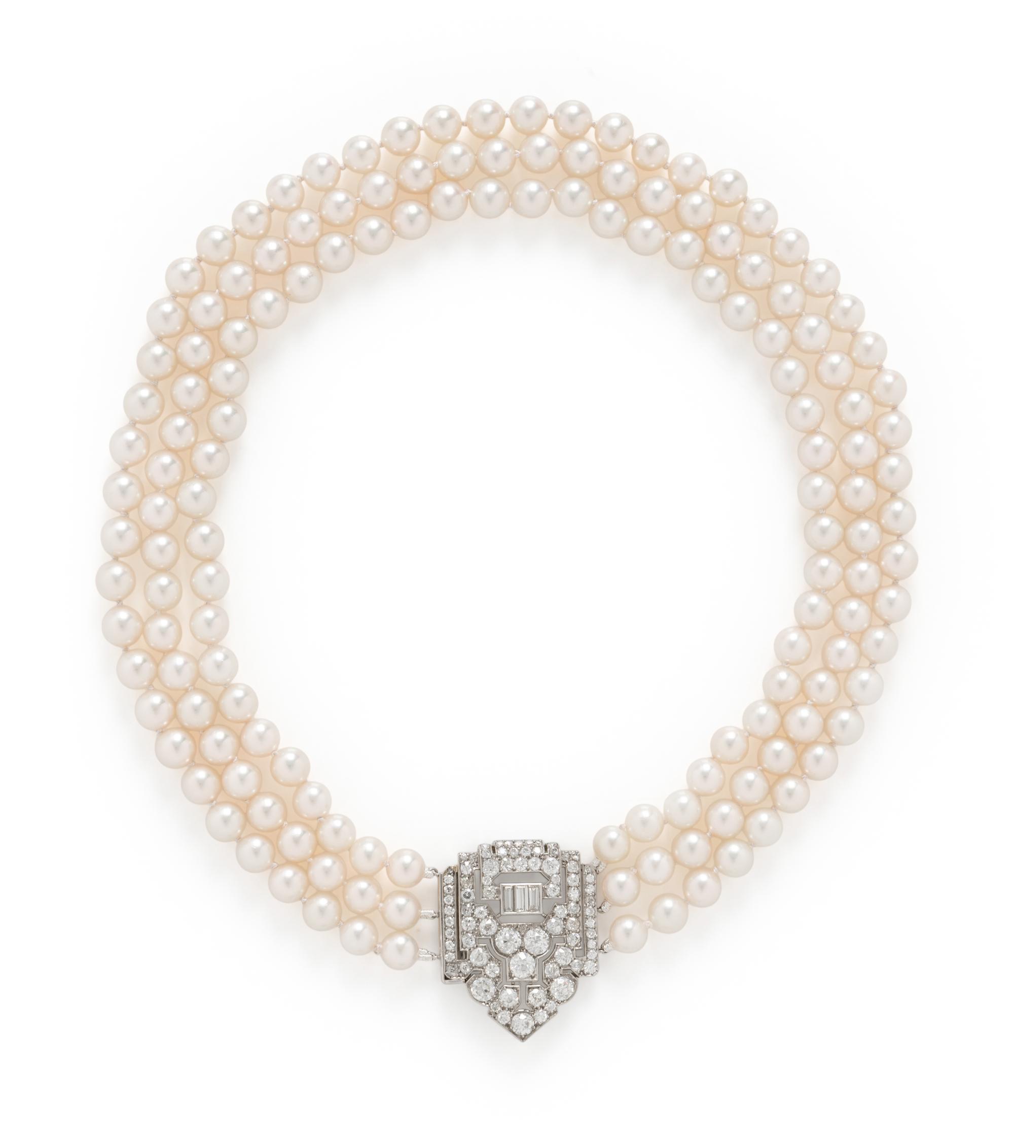 ART DECO, TRIPLE STRAND CULTURED PEARL AND DIAMOND NECKLACE