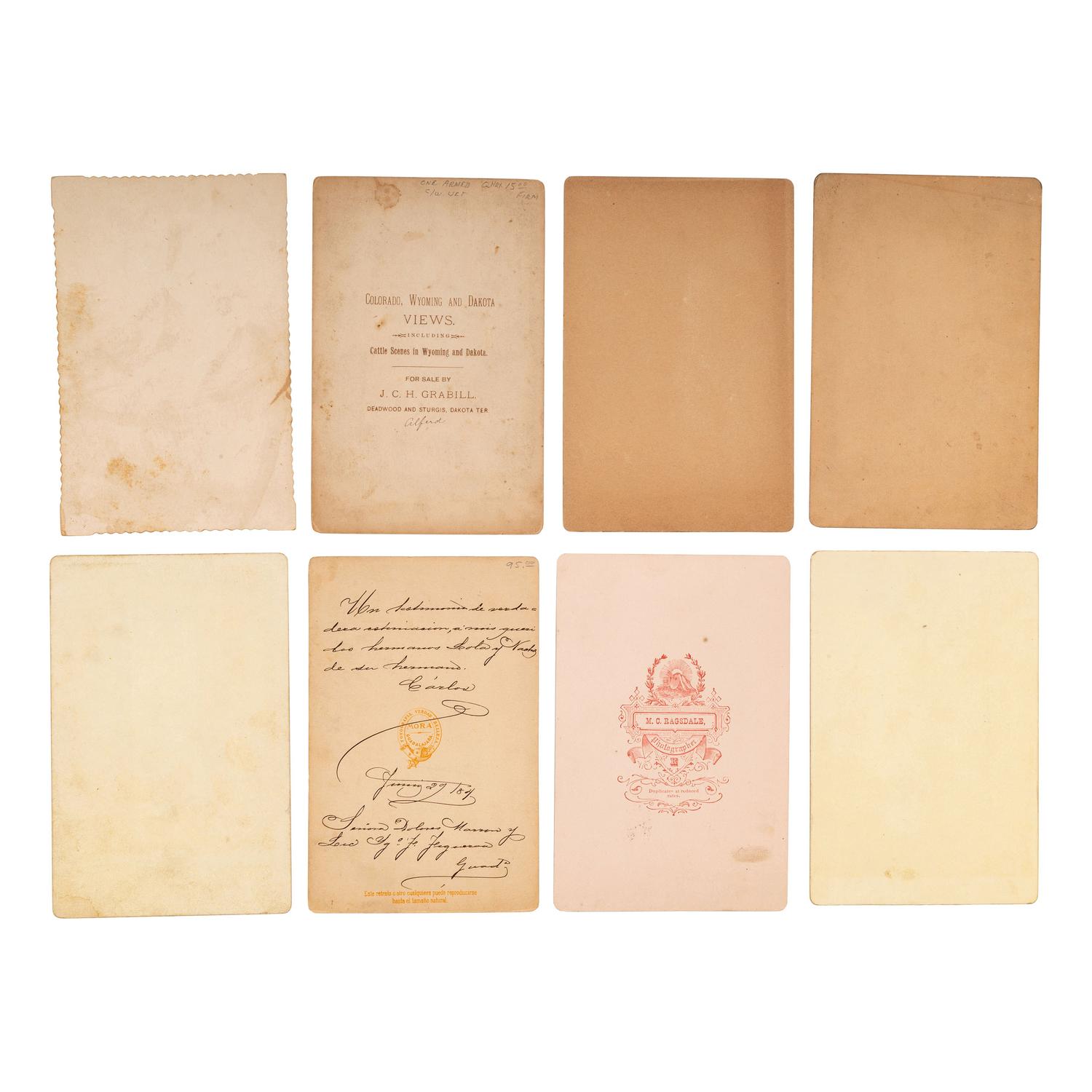[WESTERN AMERICANA]. A group of 8 cabinet photographs of cowboys and other western personalities, some armed, comprising: