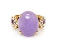 A 14 Karat Yellow Gold, Lavender Jade, Amethyst and Diamond Ring, 4.40 dwts.