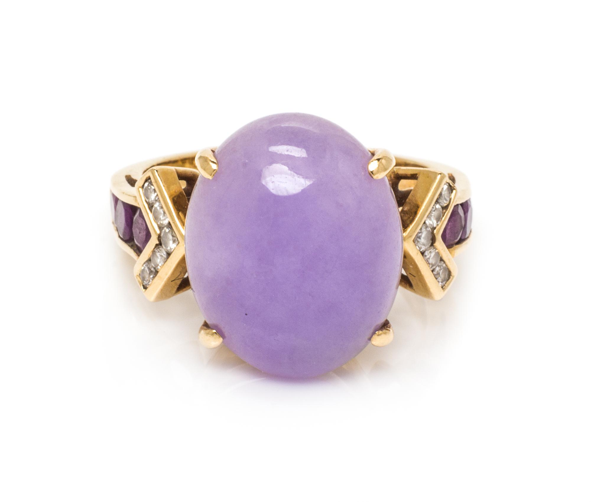 A 14 Karat Yellow Gold, Lavender Jade, Amethyst and Diamond Ring, 4.40 dwts.