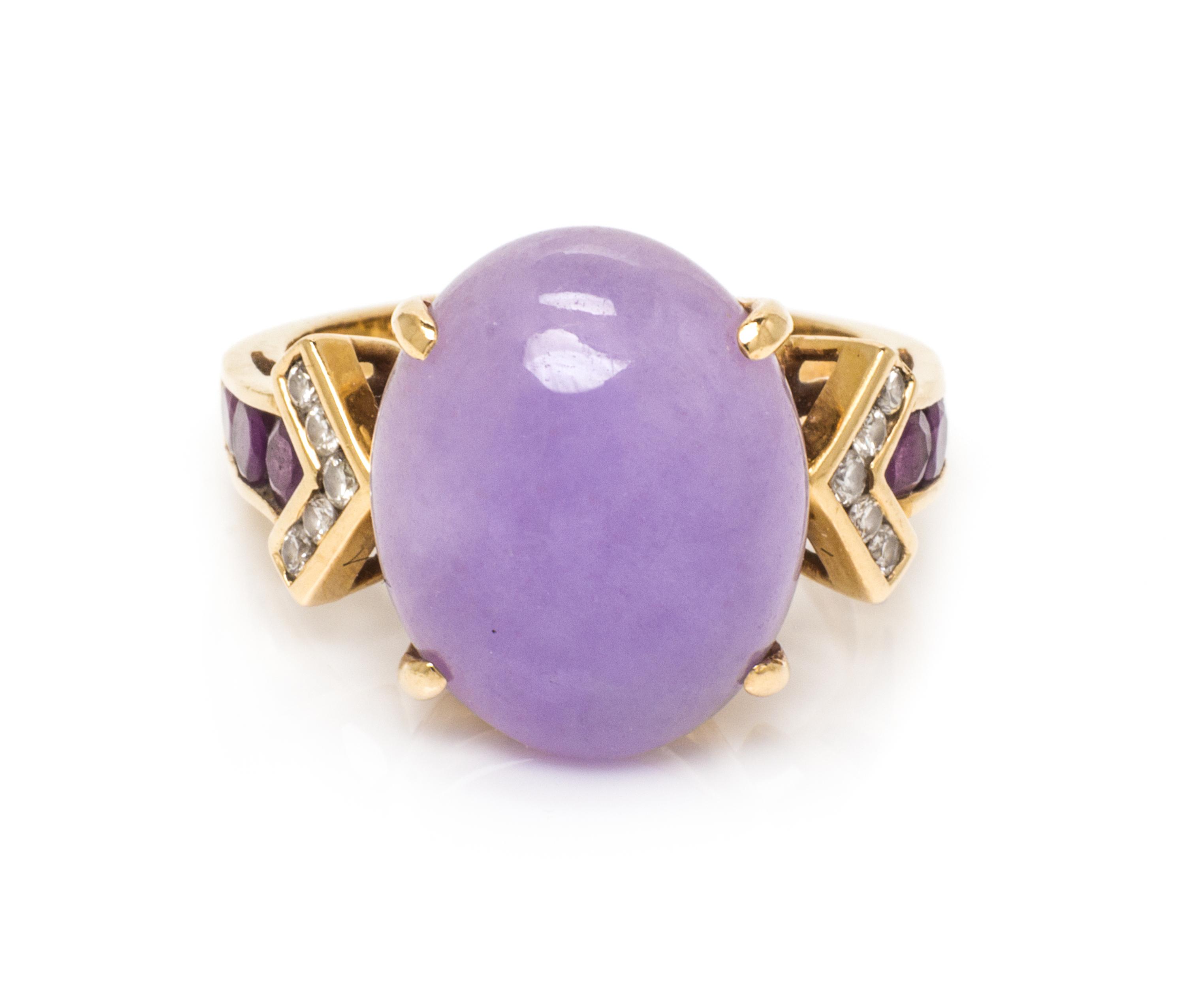 A 14 Karat Yellow Gold, Lavender Jade, Amethyst and Diamond Ring, 4.40 dwts.