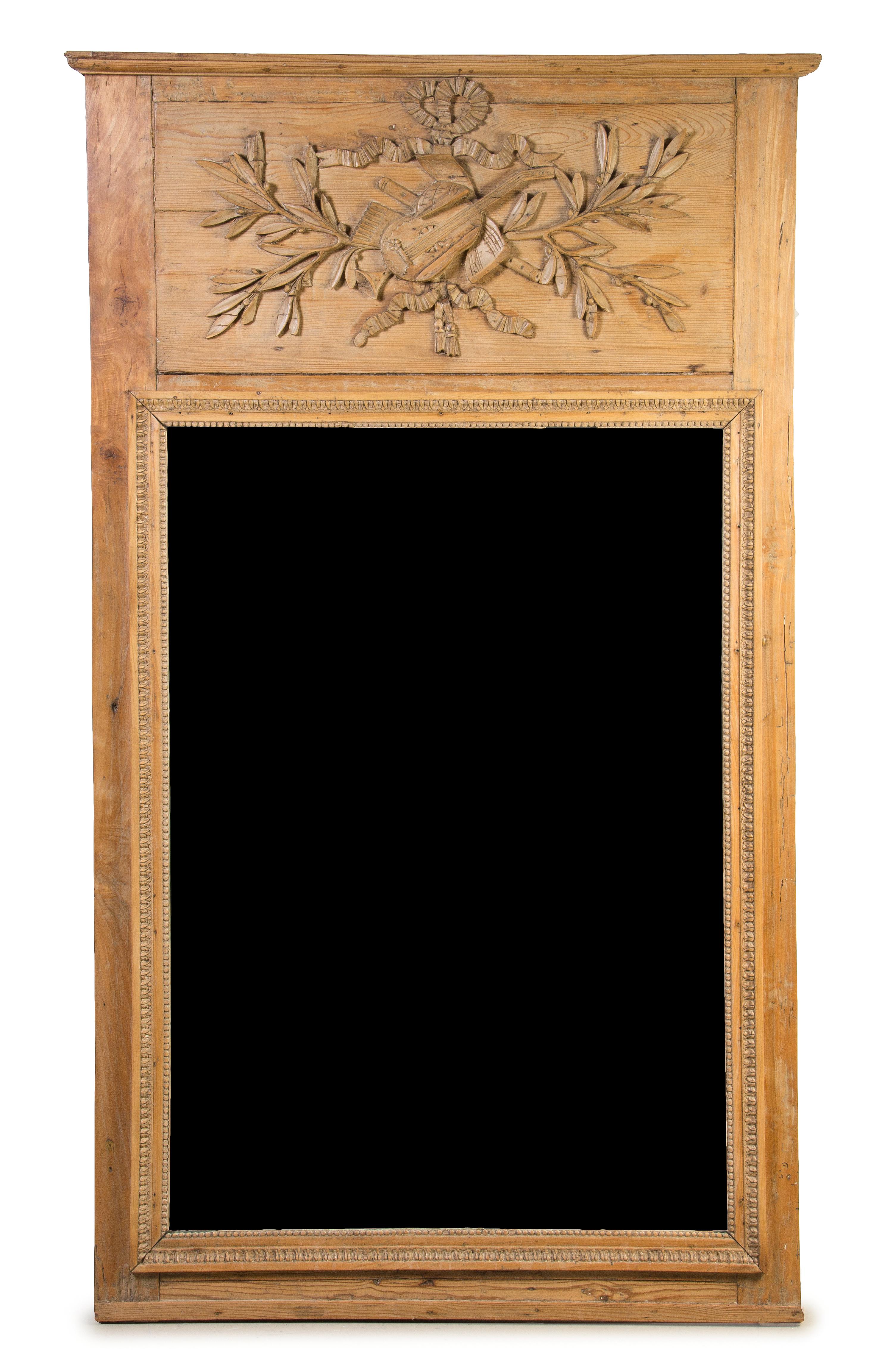 A French Limed Wood Trumeau Mirror, Height 70 x width 39 inches.