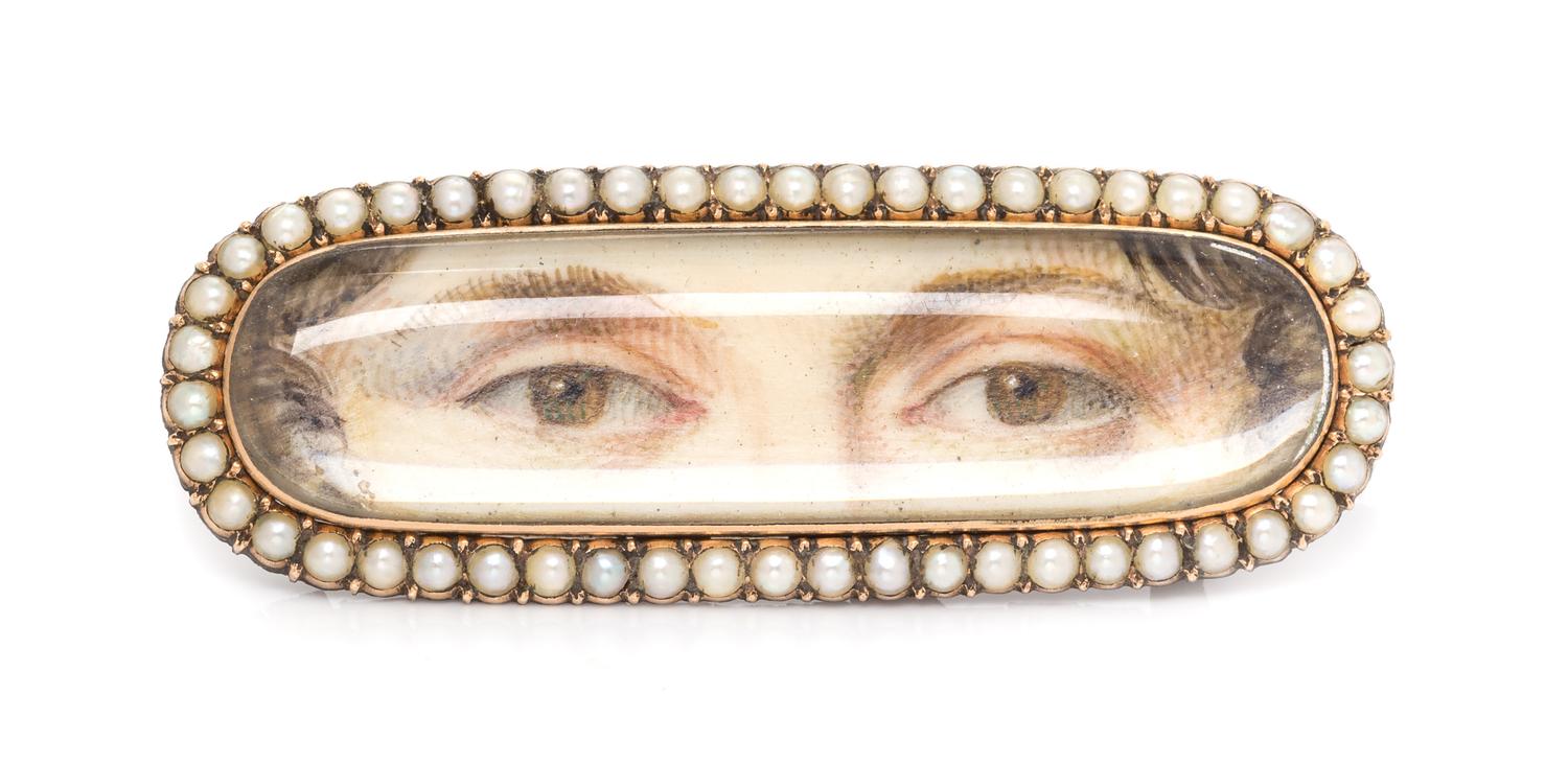 A Georgian Yellow Gold and Seed Pearl Double Lover's Eye Plaque, 3.70 dwts.