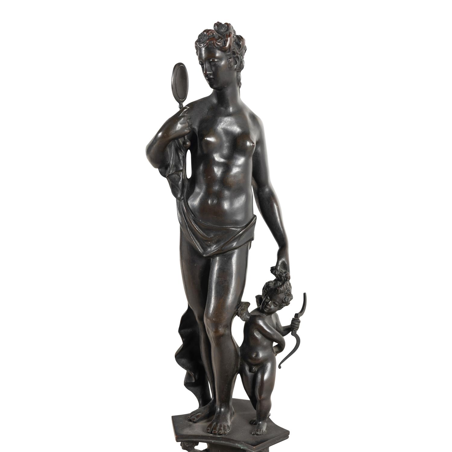 A Large Pair of Renaissance Revival Patinated Bronze Figural Andirons