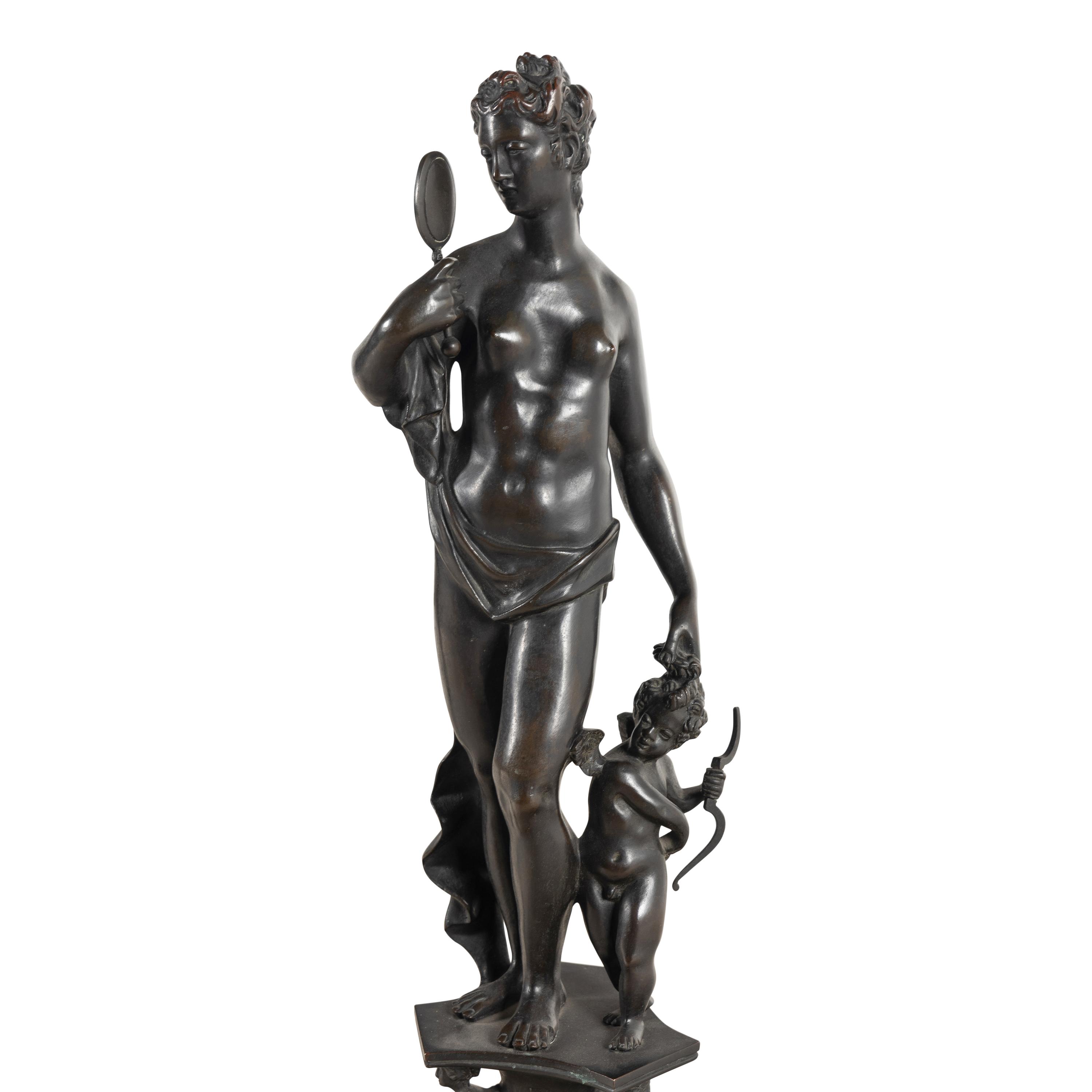 A Large Pair of Renaissance Revival Patinated Bronze Figural Andirons