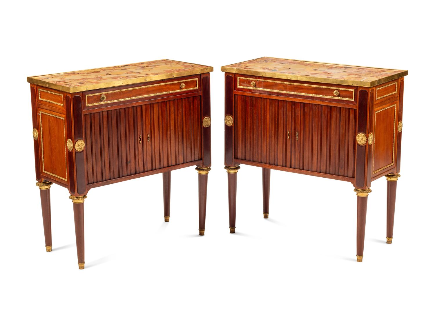 A Pair of Baltic Neoclassical Gilt Bronze Mounted Mahogany Marble-Top Side Cabinets