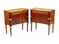 A Pair of Baltic Neoclassical Gilt Bronze Mounted Mahogany Marble-Top Side Cabinets