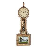 A Federal Eglomise Inset, Parcel Gilt George Washington and Mount Vernon Decorated Banjo Clock