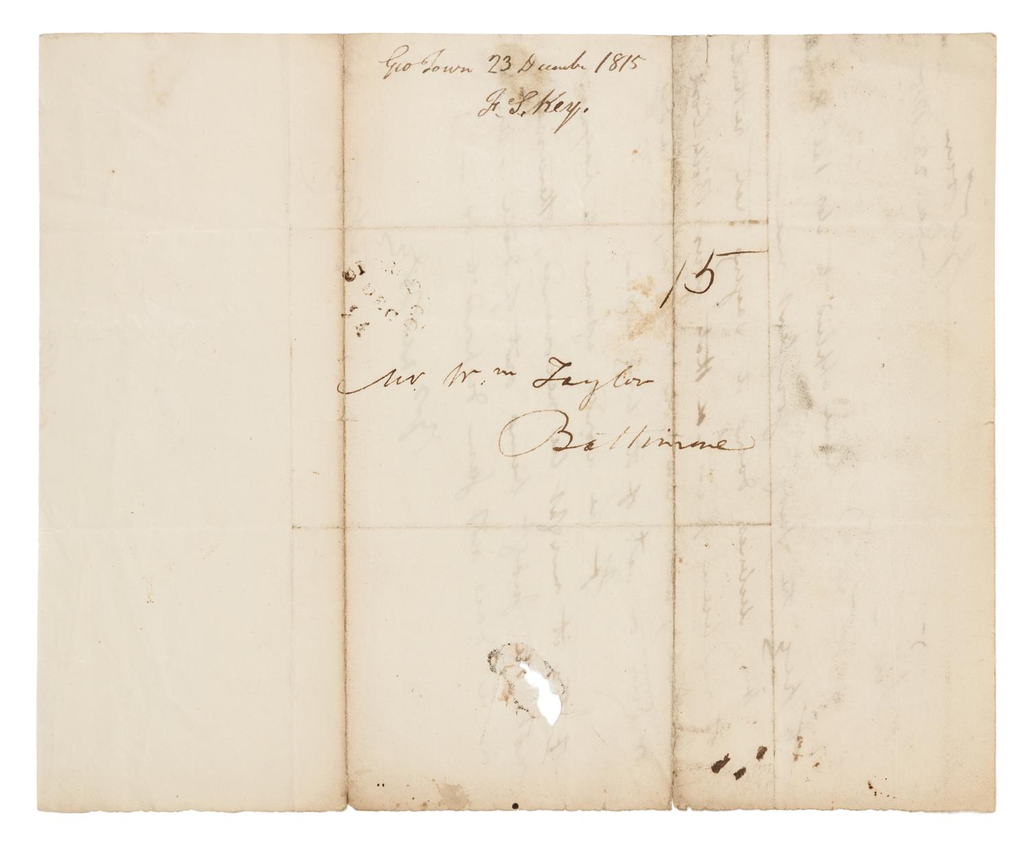 KEY, Francis Scott (1779-1843). Autograph letter signed ("F. S. Key"), to Mr. William Taylor. Georgetown, 23 December 1815.