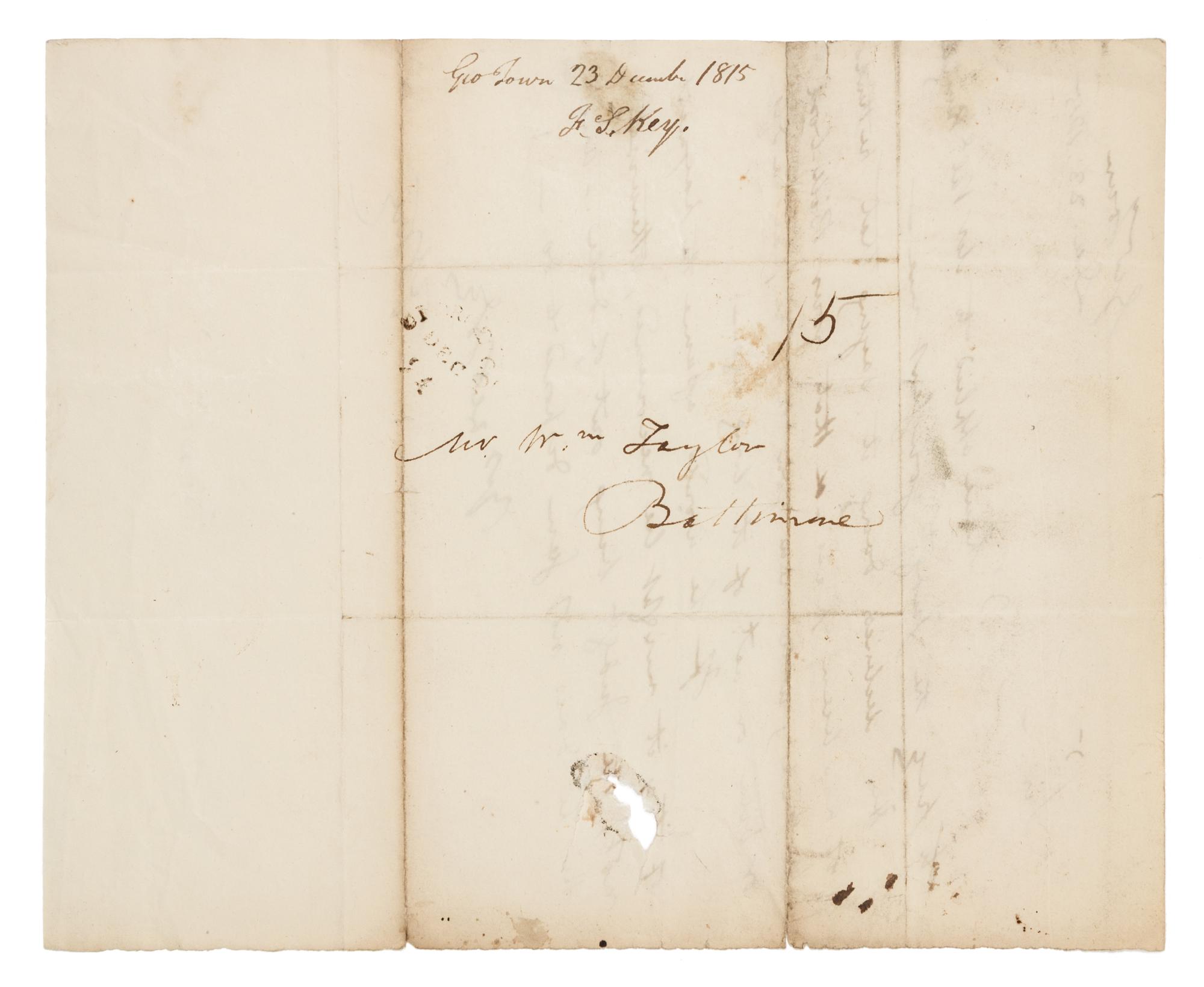 KEY, Francis Scott (1779-1843). Autograph letter signed ("F. S. Key"), to Mr. William Taylor. Georgetown, 23 December 1815.